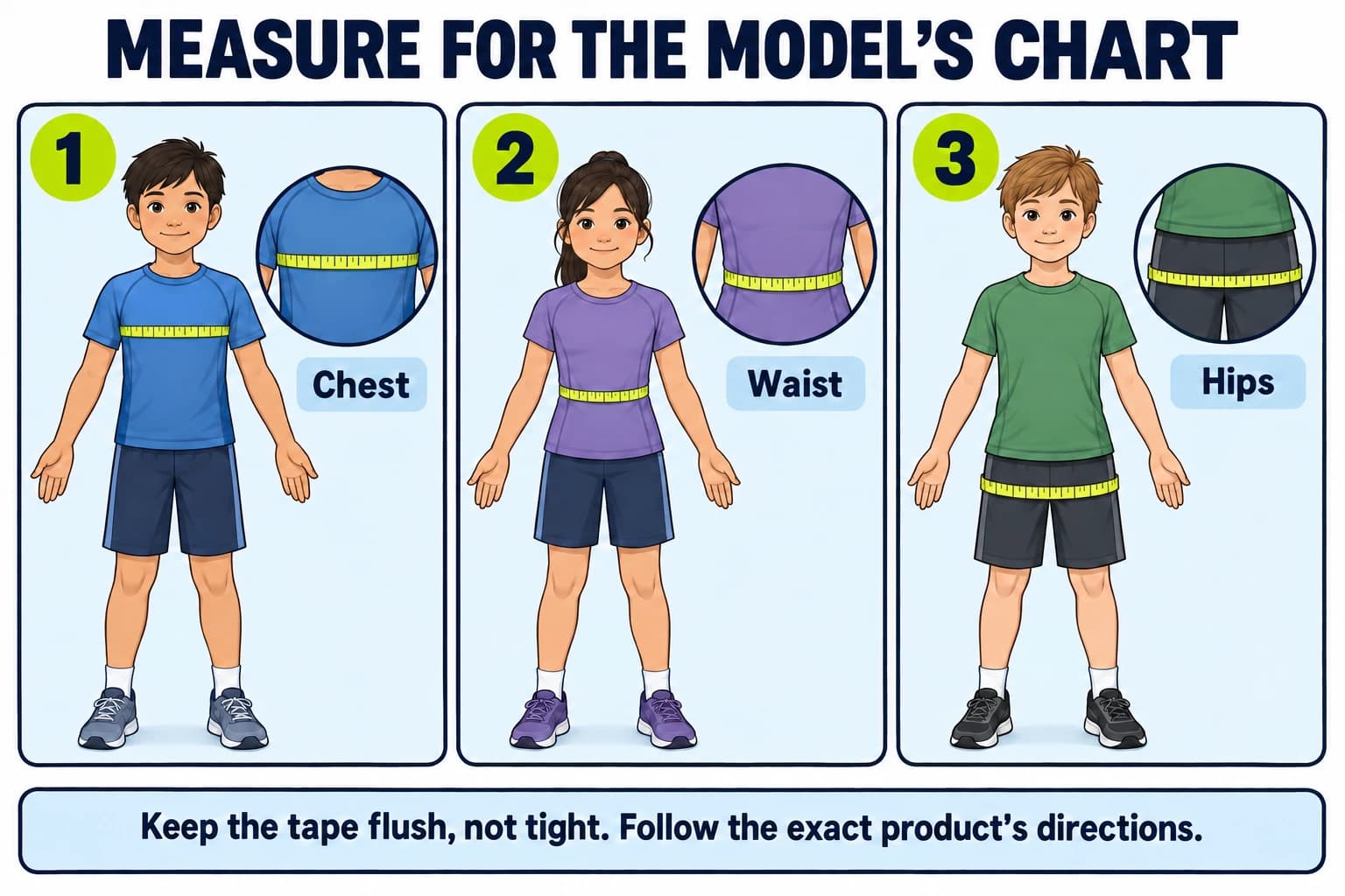 Three fully clothed illustrated children demonstrating level tape placement at the chest, natural waist, and fullest hips or seat.