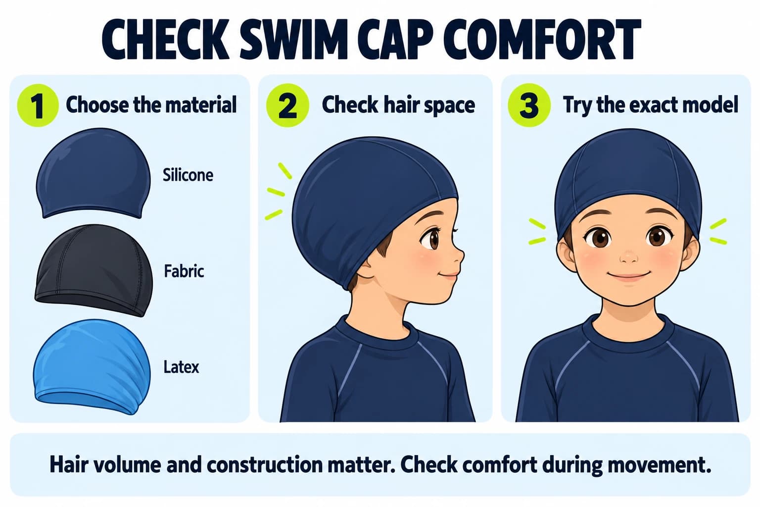 Illustrated swim cap materials, hair space inside the cap, and a comfortable model try-on.