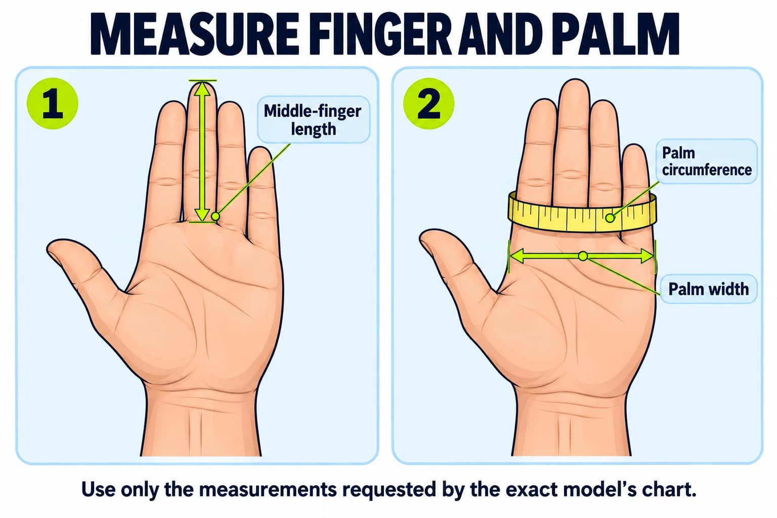 Illustrated middle-finger length from finger base to tip, palm width, and hand circumference around the knuckles excluding the thumb.