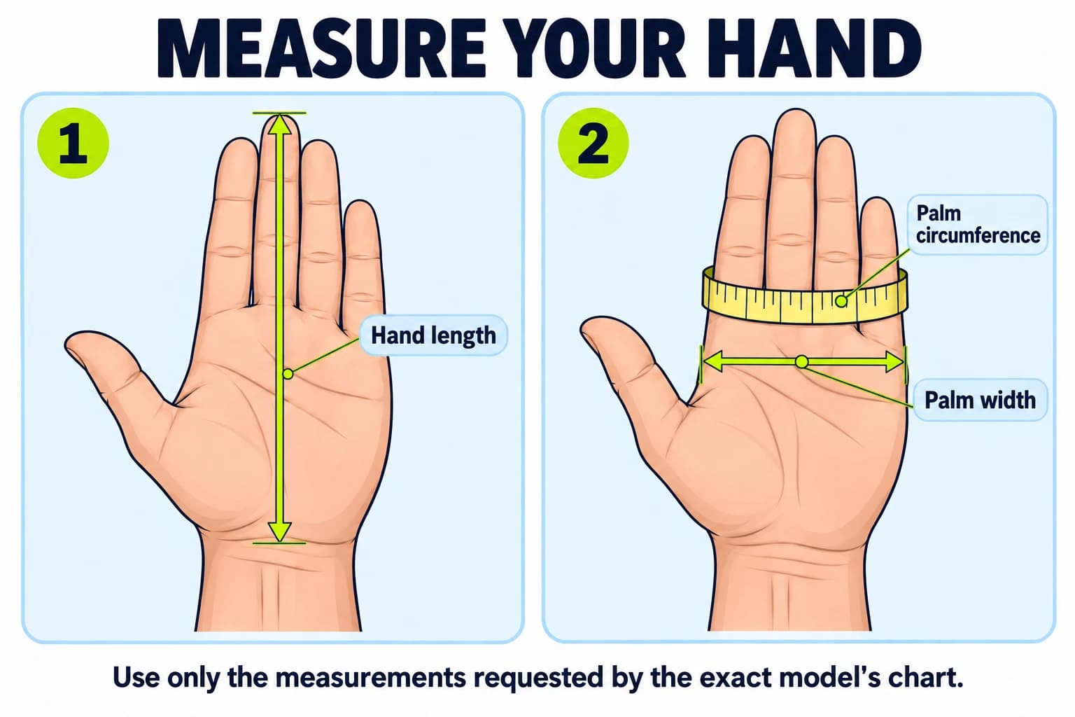 Illustrated whole-hand length from wrist crease to middle fingertip, palm width, and circumference excluding the thumb.