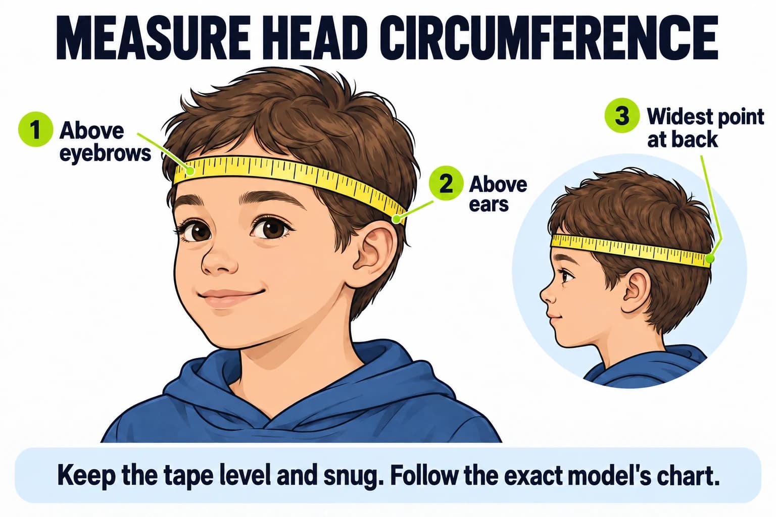 Illustrated head measurement with a level tape above the eyebrows and ears and around the widest rear point.