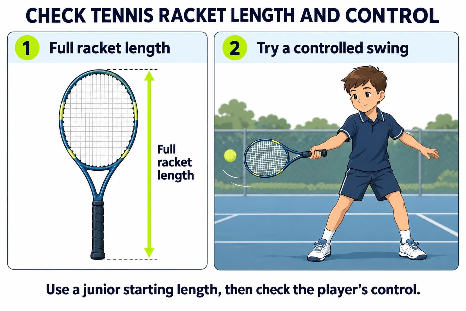 Illustrated tennis racket measured from butt cap to frame top and a child testing a controlled swing.