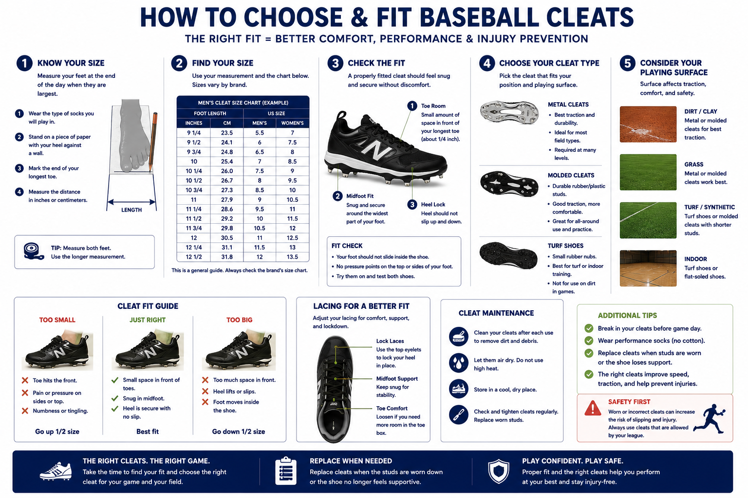 Baseball cleats measurement diagram showing foot length, cleat size chart, fit checks, cleat types, and playing surfaces.